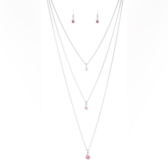 Set! 3 tiered necklace with pink and white rhinestone pendants with earrings - Picture 2 of 3